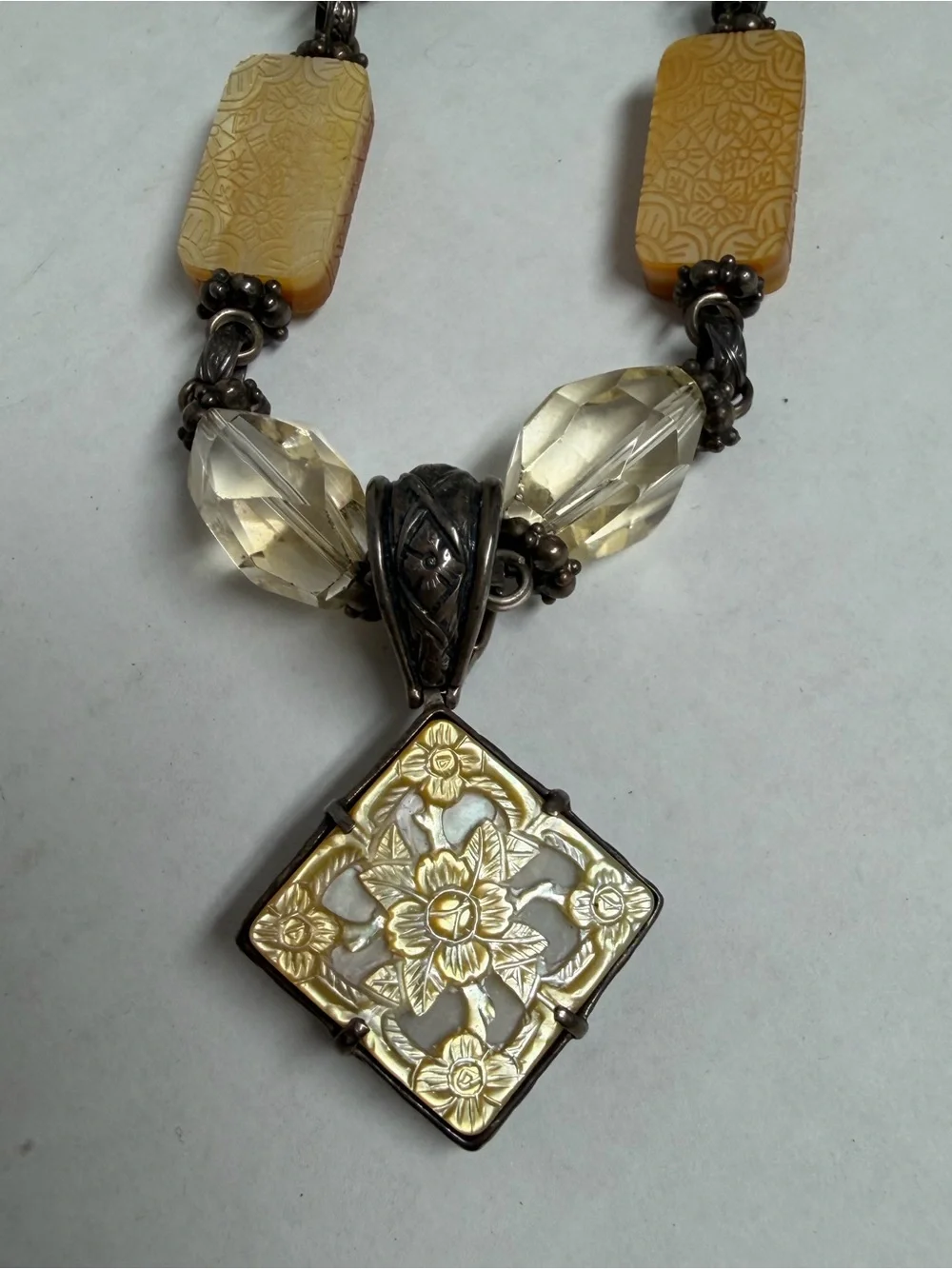 Vintage 90’s Stephen Dweck .925 Silver Pearl Amber, Citrine & Quartz Necklace